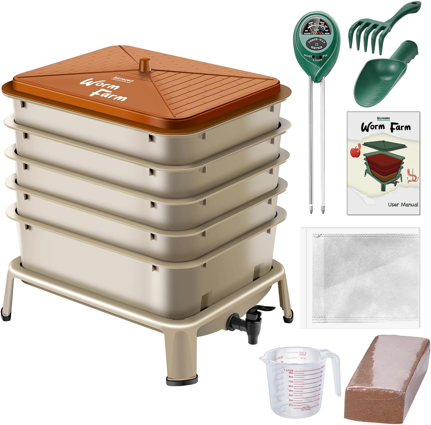Composting Kit Indoor - ถังหมักปุ๋ยหนอนในร่มและกลางแจ้ง - 53QT, สีทอง, 5 ชั้น
